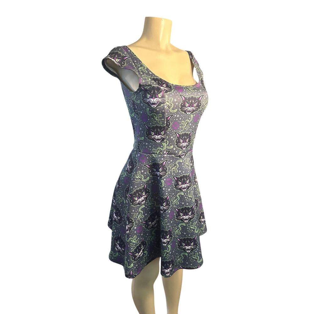 Women S Kreepsville 666 Kattitude Marilyn Flare Dress Cat Print Skeleton Goth